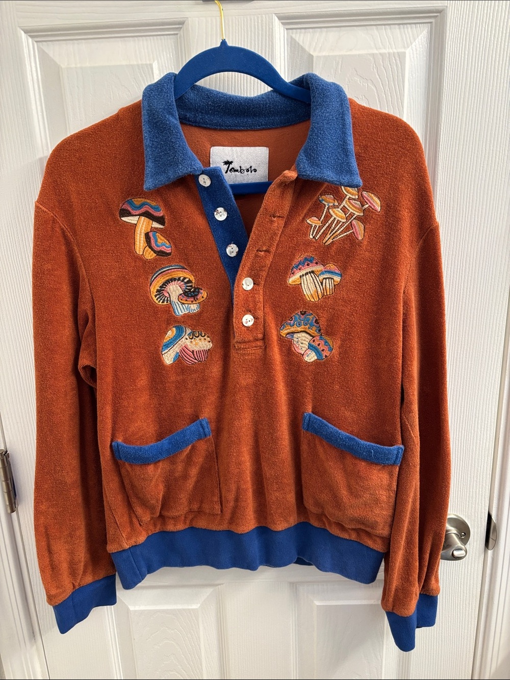 Tombolo Disco Fungi Cabana Orange & Blue Mushroom Embroidered Terry Polo - Small